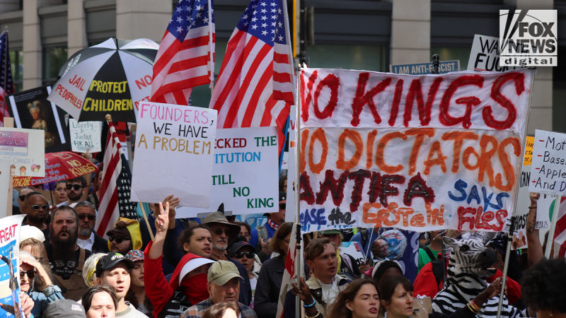 While President Donald Trump and his administration brushed off the ‘No Kings’ nationwide protests rebuking the president over the weekend, Democrats lauded the protesters for standing up for democracy. 
The protest marked at least the second time ‘No Kings’ rallies have been organized across the country in major cities, including Washington, New York City and Los Angeles, since Trump took office for the second time, and organizers claim the protests are in opposition to his authoritarian policies. 
Meanwhile, Trump pushed back on the description of ‘king,’ as he and other Republicans poked fun at the millions participating in the rallies. 
‘I’m not a king,’ Trump told reporters Sunday on Air Force One. ‘I work my ass off to make our country great. That’s all it is. I’m not a king at all.’
Trump also characterized the protests as inconsequential, and said that those who participated didn’t accurately reflect the people who make up the U.S. 
‘The demonstrations were very small, very ineffective and the people were whacked out,’ Trump said Sunday. ‘When you look at those people, those are not representative of the people of our country.’
Despite Trump’s rejection of being labeled a king, the official White House social media accounts previously posted an image in February of Trump wearing a crown with a caption claiming ‘long live the king.’ Trump also reposted an AI-generated video that Vice President JD Vance originally shared, depicting Trump placing a crown on his head and drawing a sword. 
Additionally, Trump shared another AI-generated video of him donning a crown in a fighter jet over New York City, unloading what appeared to be feces on the protesters. 
Meanwhile, Speaker of the House Mike Johnson, R-La., said that Senate Minority Leader Chuck Schumer, D-N.Y. needed a distraction from the government shutdown that started Oct. 1, although Johnson did admit that the protests turned out to be a ‘violent-free, free speech exercise.’ 
‘They needed a stunt,’ Johnson said in an interview with ABC Sunday. ‘They needed a show. Chuck Schumer has — needs cover right now. He’s closed the government down because he needs political cover, and this was a part of it.’
However, Democrats said the protests were an opportunity to stand up for democracy. For example, Schumer said that there are ‘no dictators’ in the U.S., and that ‘we won’t allow Trump to keep eroding our democracy.’ 
‘Dictators evolve when good people of all different beliefs and backgrounds stay silent,’ Schumer said in a social media post on Saturday. ‘This No Kings Day says we will not stay silent.’
Additionally, former Speaker of the House Nancy Pelosi shared a video clip of her dismantling a plastic crown, appearing to harken back to when she ripped Trump’s State of the Union address in 2020. 
‘We’re gonna tear up the crown!’ Pelosi said in the brief clip, which she shared on social media with the caption: ‘No crown. #NoKings!’ 
Sen. Adam Schiff, D-Calif., also weighed in, claiming ‘we said ‘hell no’ to kings, and reminded the nation and the world what patriotism looks like.’ 
‘From our nation’s capitol to cities across California, millions stood shoulder to shoulder to say that our democracy is worth fighting for, that our voices will not be silent, and that we will not sit back and let a wannabe king take our freedoms,’ Schiff said Saturday to accompany several photos of himself at the protest in Washington. ‘Proud to stand with you.’ 
Additionally, Sen. Patty Murray, D-Wash., said the protests were reflective of the democratic process in the U.S. 
‘This is what democracy looks like!’ Murray said in a Saturday social media post. ‘We use our voices and our votes. NO KINGS IN AMERICA!’
This post appeared first on FOX NEWS